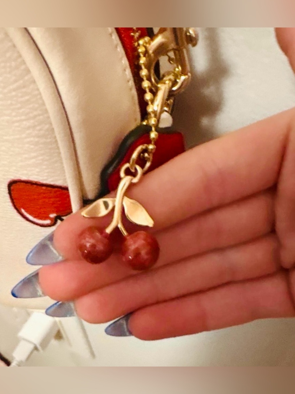Red Cherry Charm Bag Key Chain With Gold Hardware